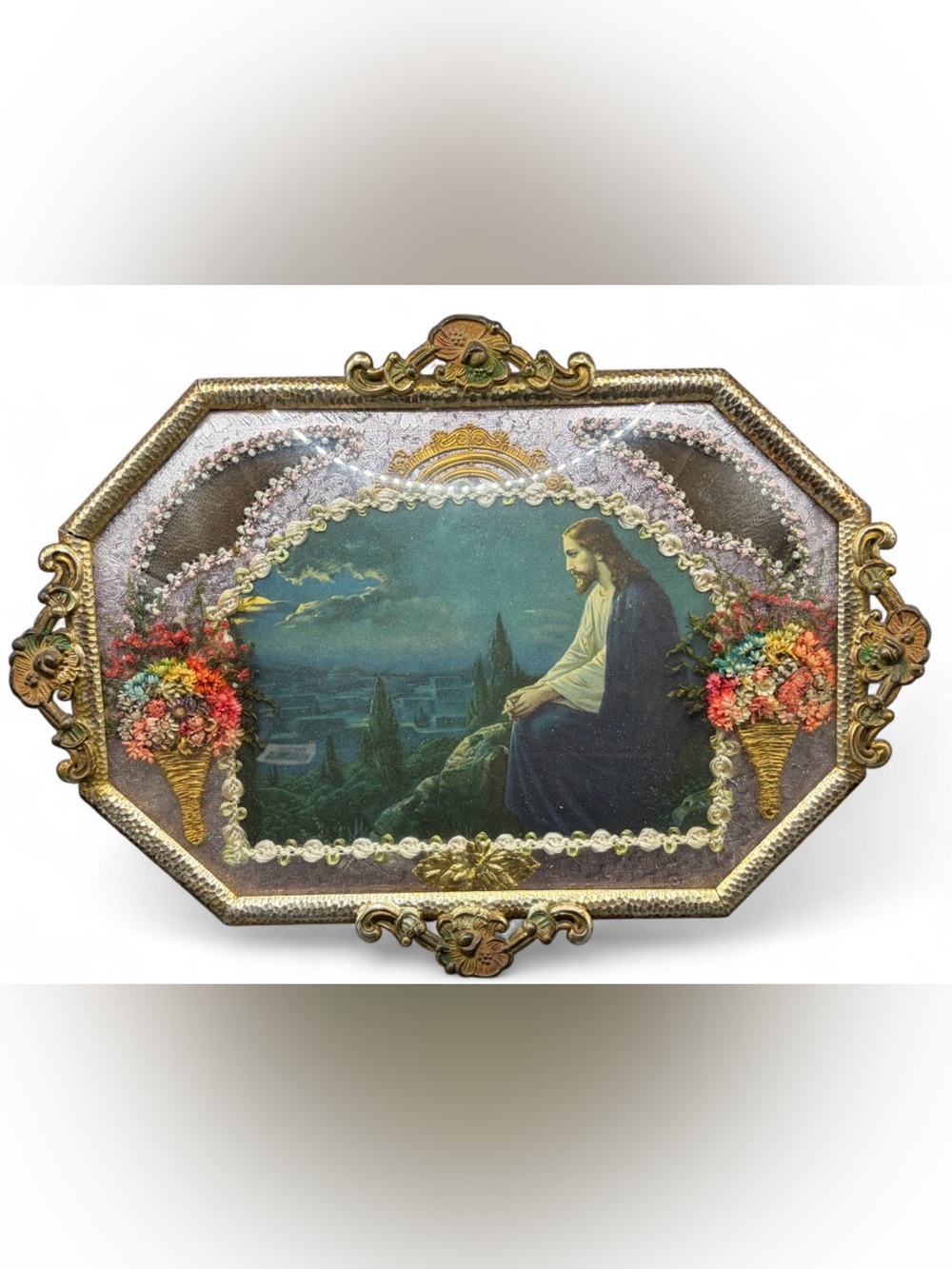 Vintage Convex Bubble Glass Religious Jesus Christ Gethsemane Collage Artwork